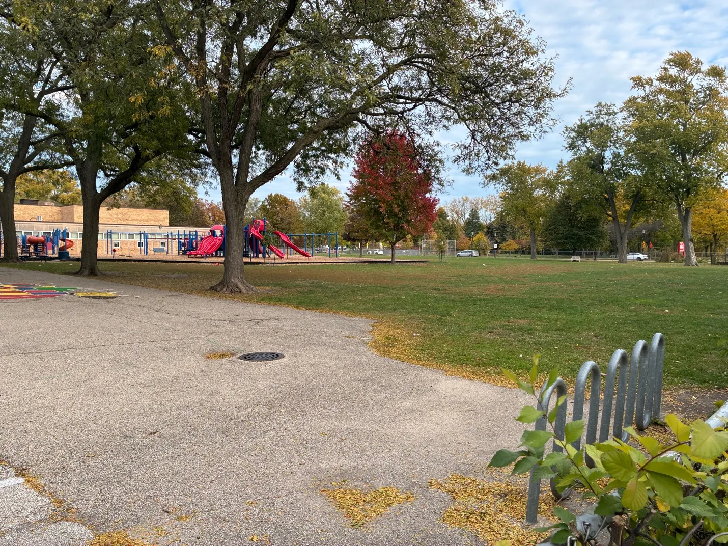 A park with a playground and trees
AI-generated content may be incorrect.